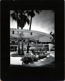 A black and white photo of an outdoor area.