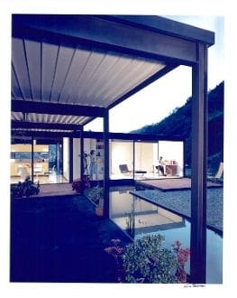 A large open patio with a view of the mountains.