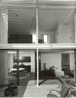 A black and white photo of two rooms with windows.