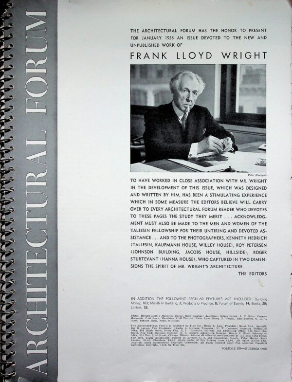 Spiral Bound Book - "The First Edition January 1938 Architectural Forum." Frank Lloyd Wright. Boston, MA. 1938 - Image 3