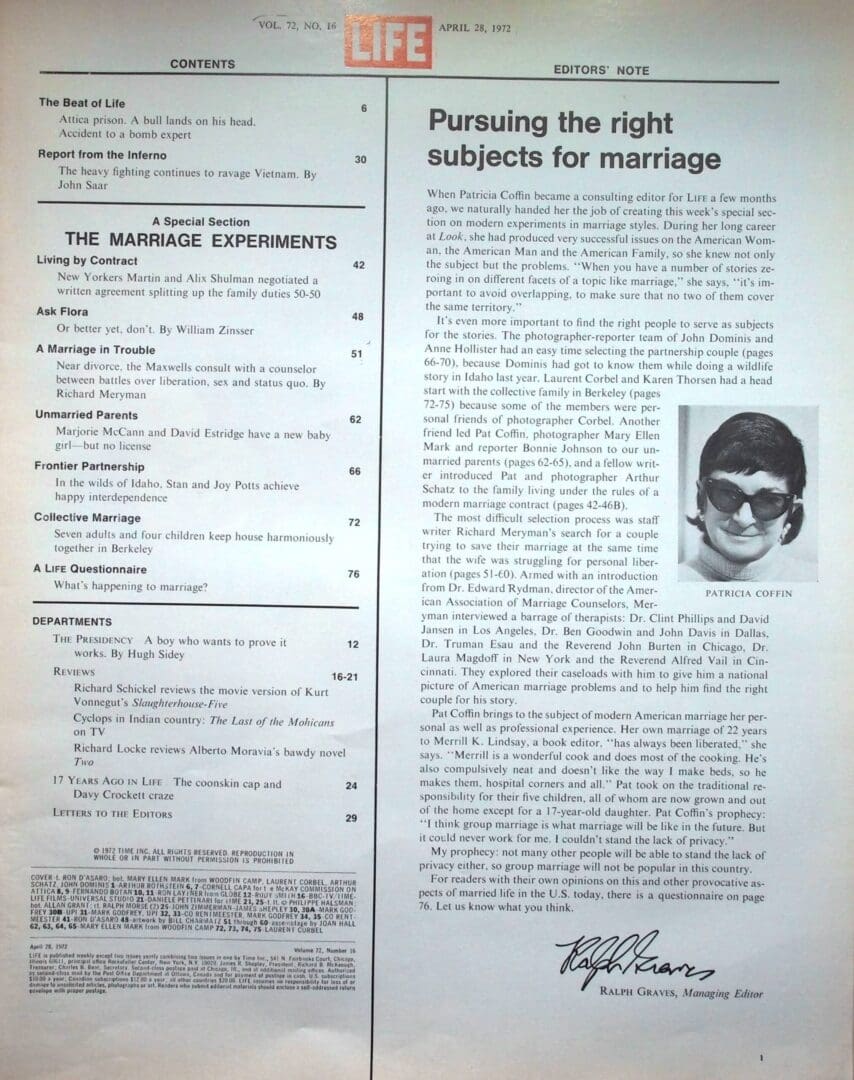 Magazine page discussing marriage and subjects for marriage.