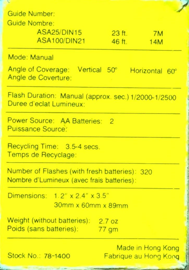 Technical specifications label for a camera.