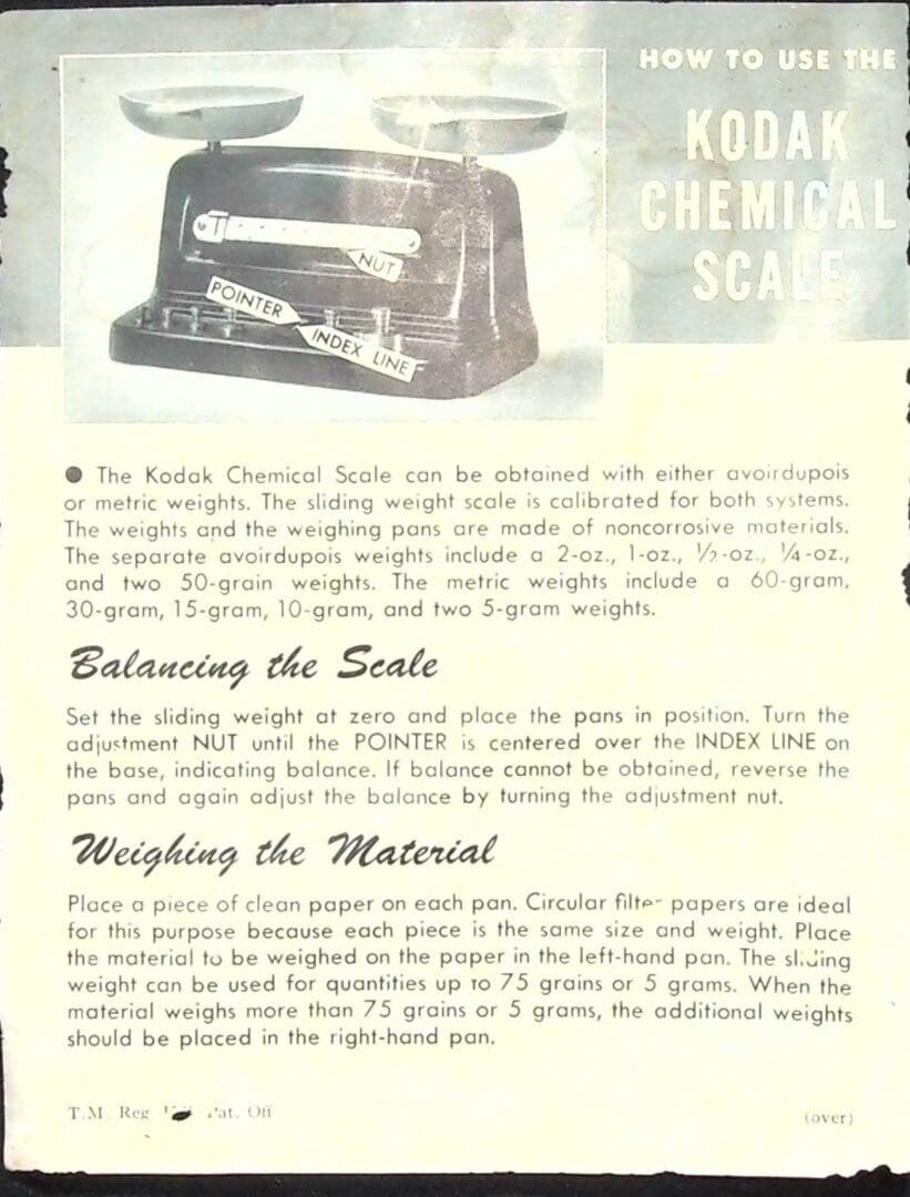 Vintage Kodak chemical balance scale instructions