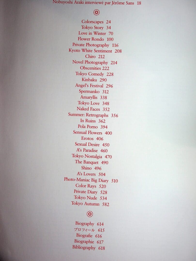 Vertical table of contents page with red text